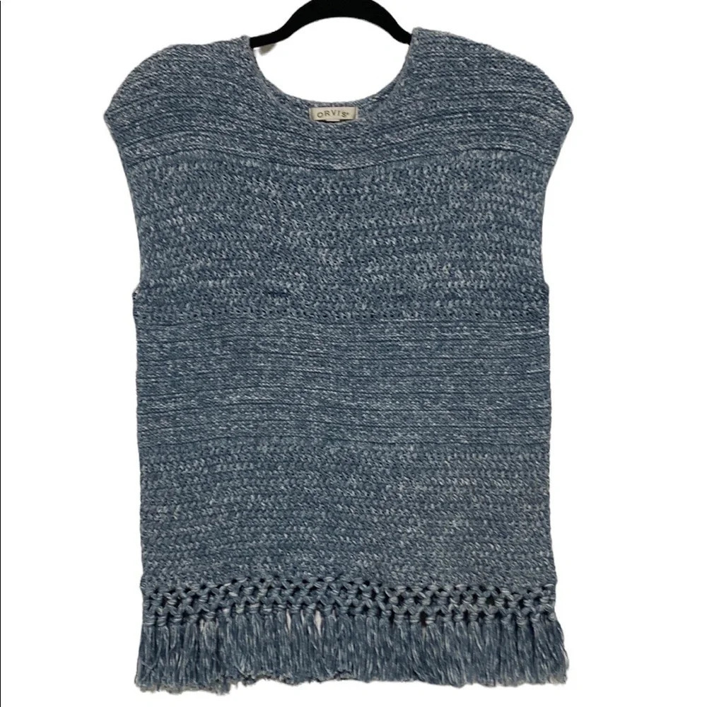 Orvis Marled Blue Knit Fringe Hem Sweater Size S/M